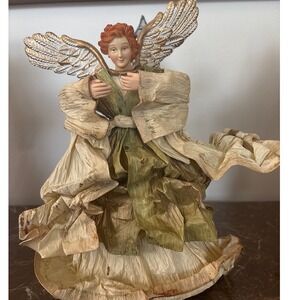 Vintage 1960s Angel Tree Topper Figurine Paper Mache corn Husk Decor Gold Wing